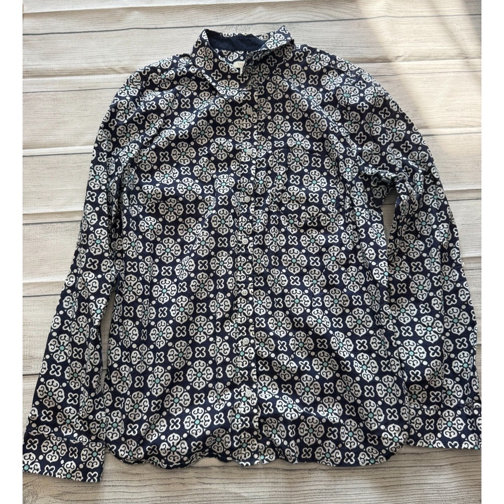 Talbots Geometric Print Button-Down Shirt Womens Large Navy Ivory Aqua Cotton